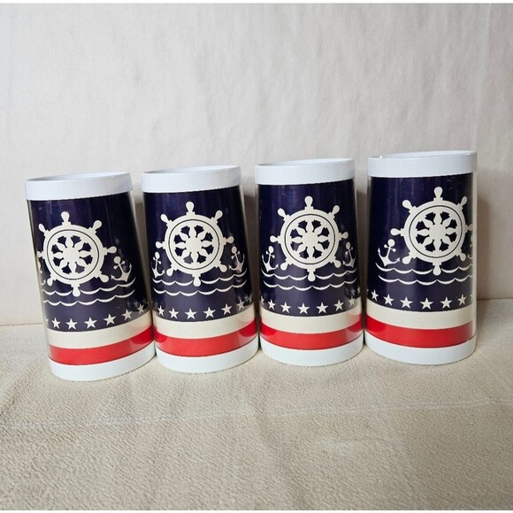 Thermo-Serv 70's Nautical Red White Blue Insulated Large Beer Mugs Set of 4 - Picture 1 of 7